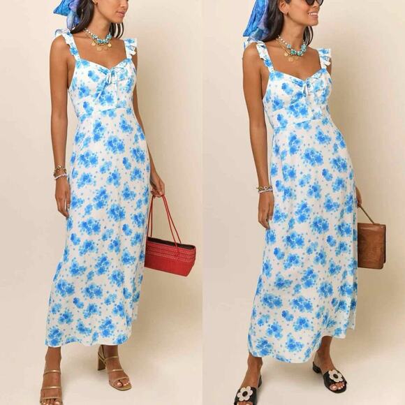 Rixo Cecile Blue Victoria Floral Midi Sun Dress Size US 10 Large Linen Blend - Picture 9 of 13